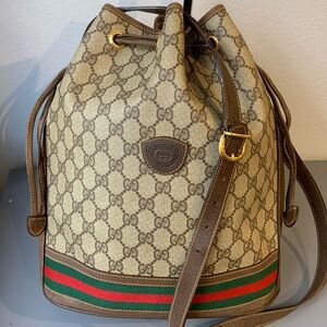 Gucci Beige and Brown Bucket Bag with Red and Green Stripes